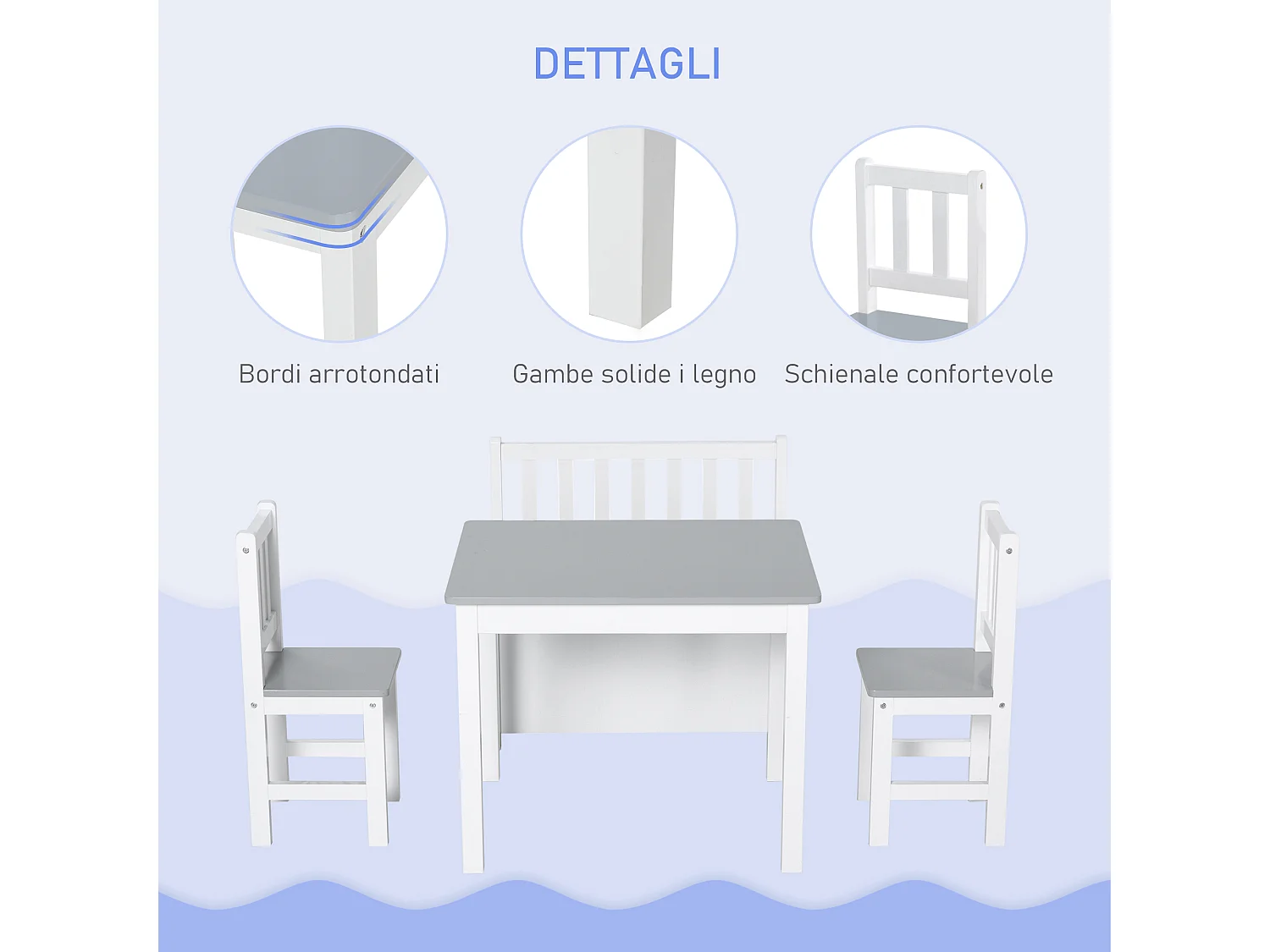 Set tavolo per bambini 2 sedie e cassapanca in legno bianco e grigio