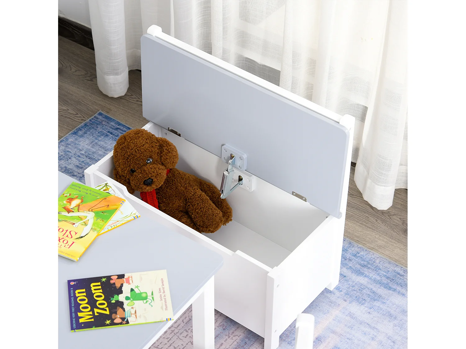 Set tavolo per bambini 2 sedie e cassapanca in legno bianco e grigio