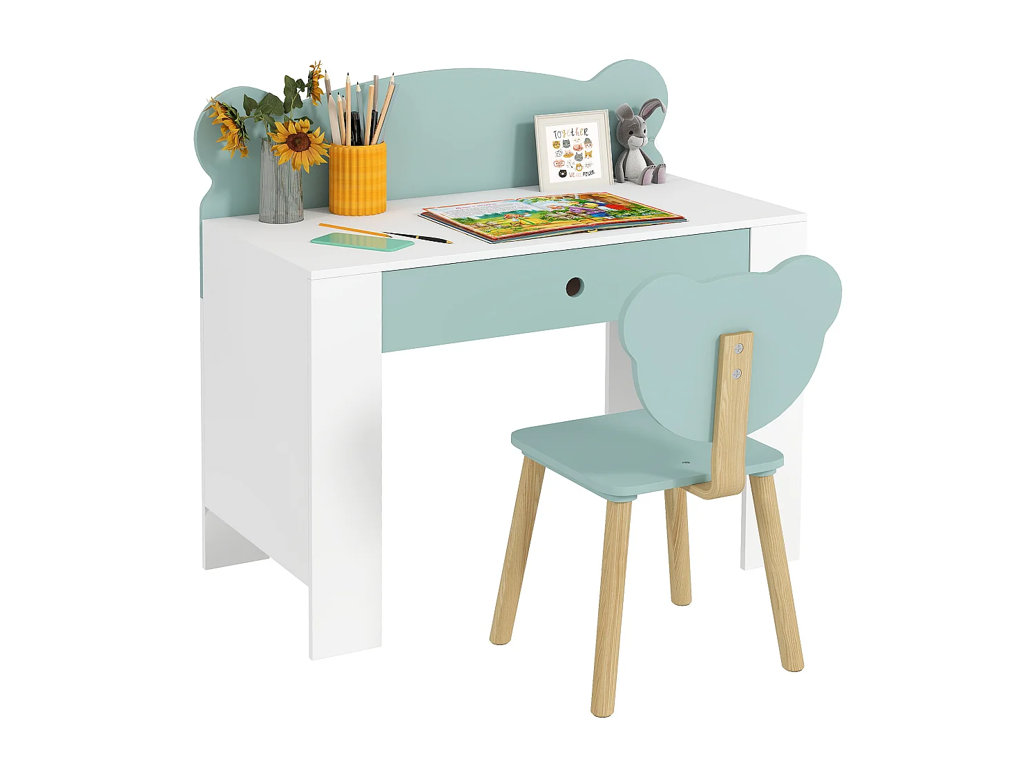 Set scrivania per bambini 3-8 anni con sedia a orsetto verde