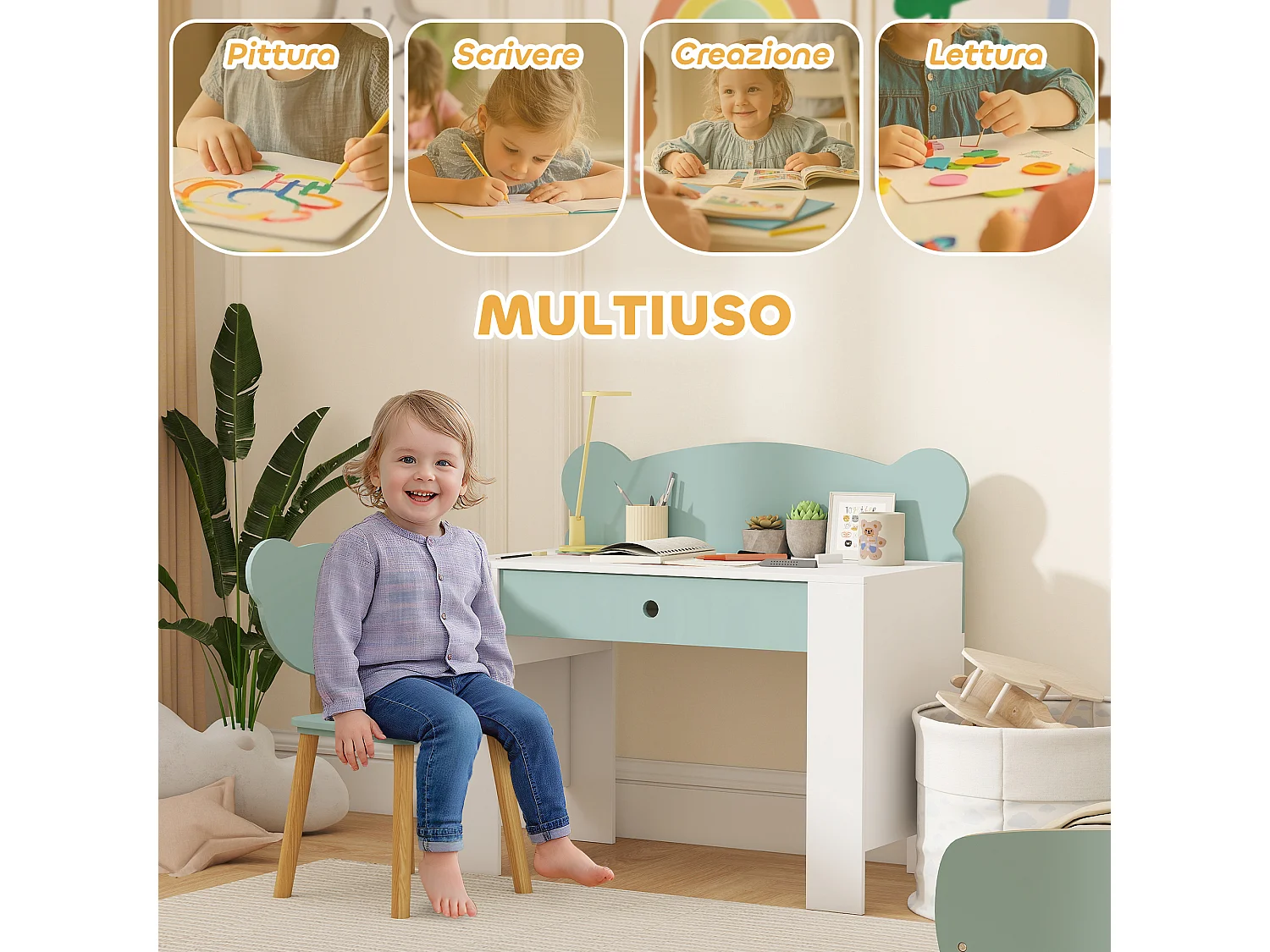 Set scrivania per bambini 3-8 anni con sedia a orsetto verde