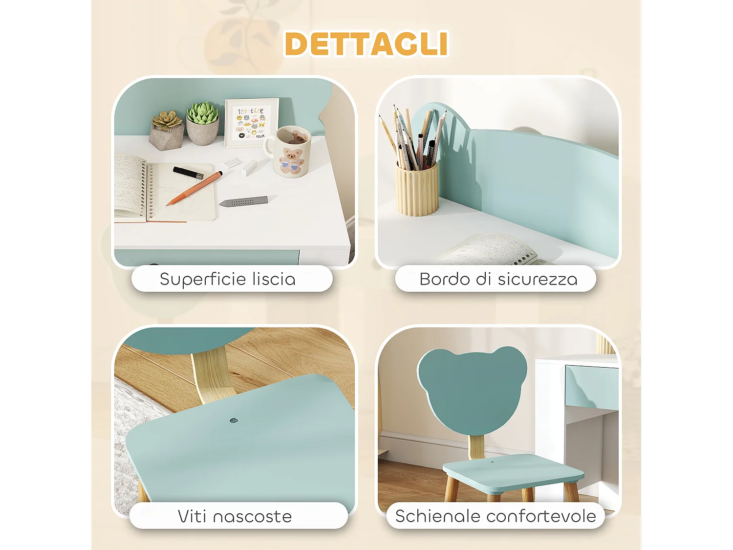 Set scrivania per bambini 3-8 anni con sedia a orsetto verde