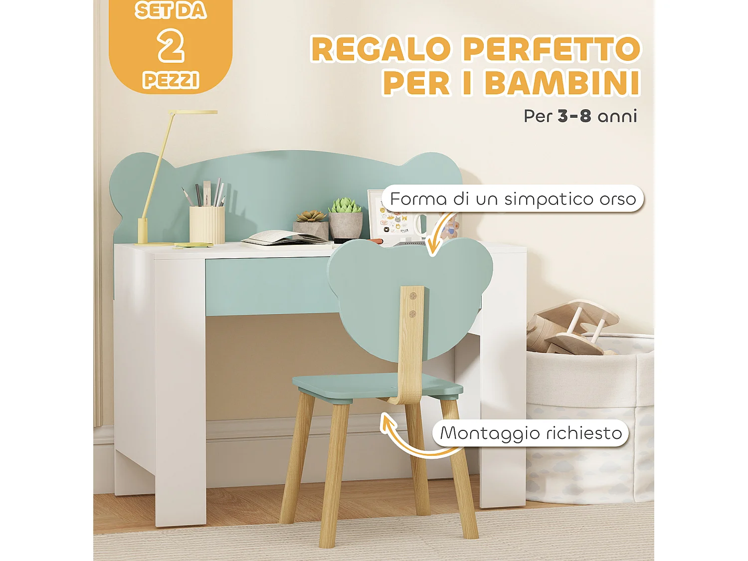 Set scrivania per bambini 3-8 anni con sedia a orsetto verde