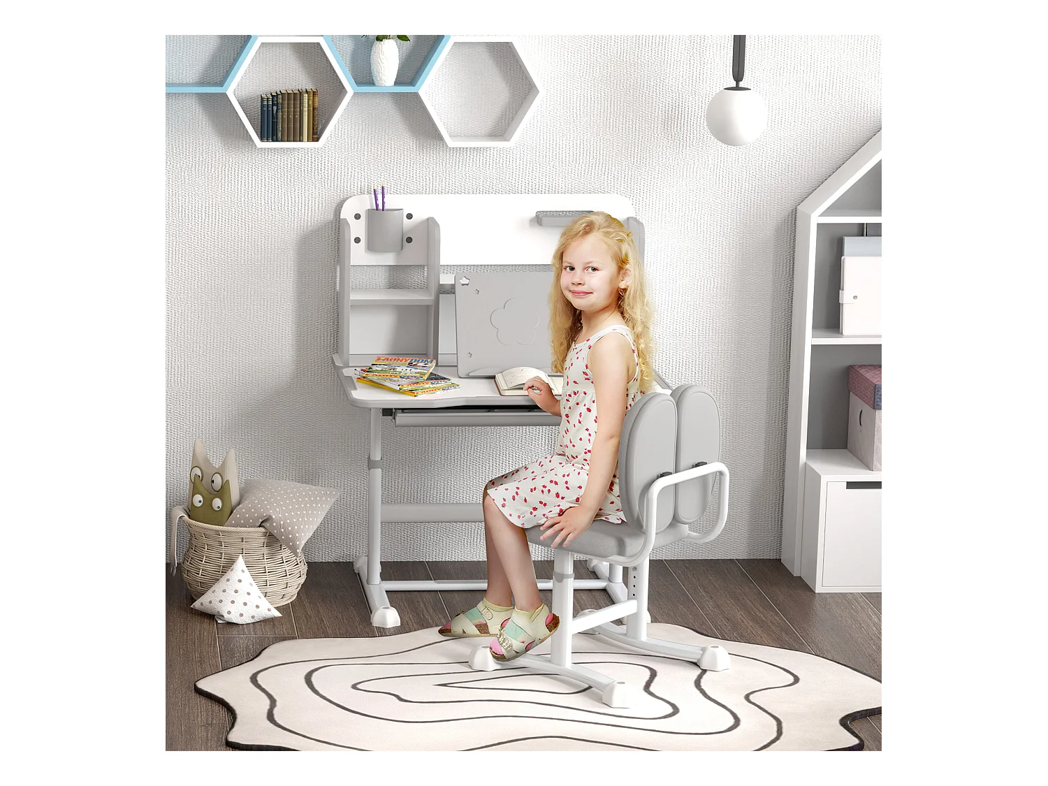 Set scrivania e sedia per bambini regolabili con scaffale grigio