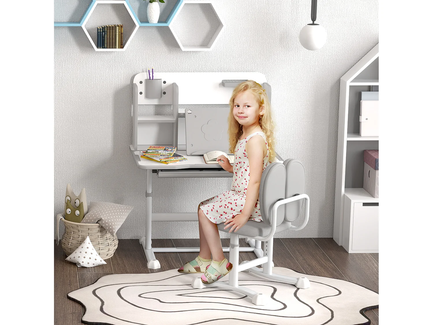 Set scrivania e sedia per bambini regolabili con scaffale grigio