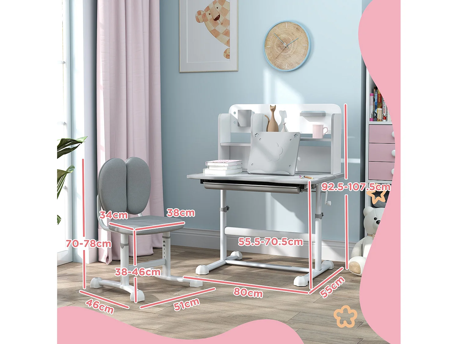 Set scrivania e sedia per bambini regolabili con scaffale grigio