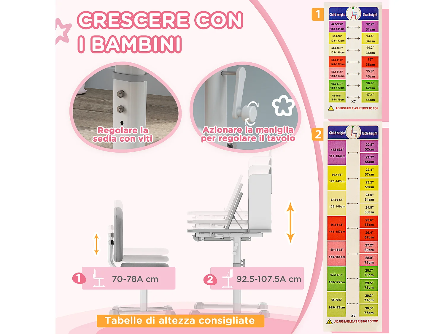 Set scrivania e sedia per bambini regolabili con scaffale grigio