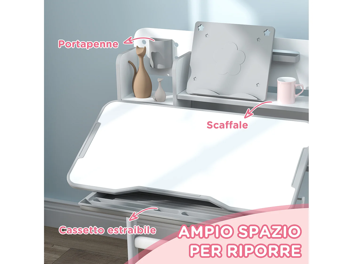 Set scrivania e sedia per bambini regolabili con scaffale grigio