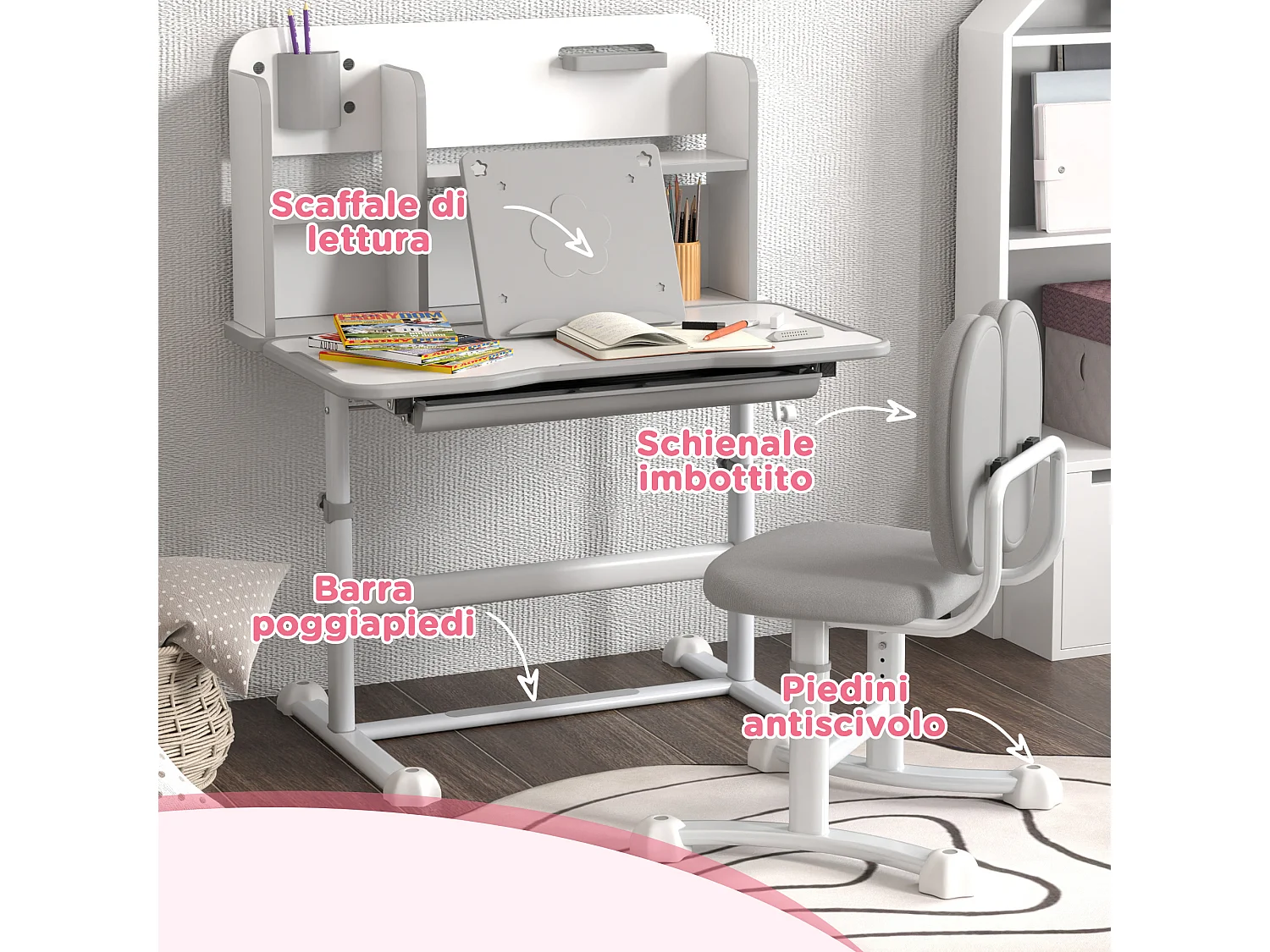 Set scrivania e sedia per bambini regolabili con scaffale grigio