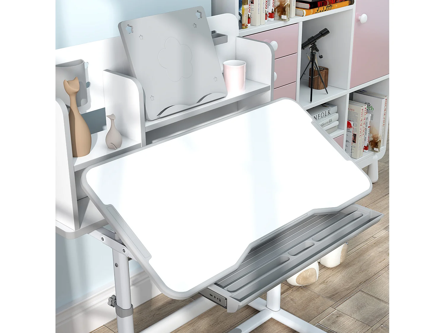 Set scrivania e sedia per bambini regolabili con scaffale grigio