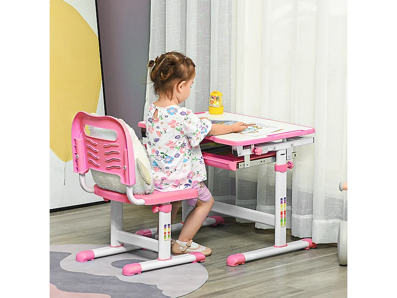 Banco scuola con sedia ad altezza regolabile e piano inclinabile rosa