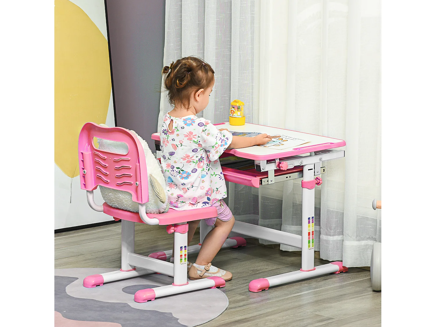 Banco scuola con sedia ad altezza regolabile e piano inclinabile rosa