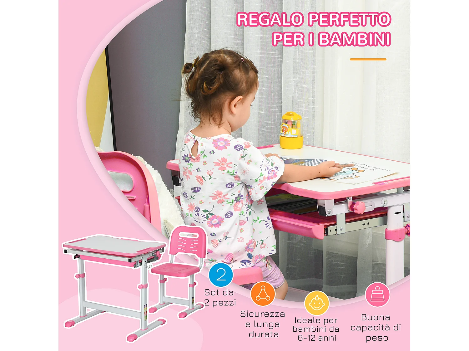 Banco scuola con sedia ad altezza regolabile e piano inclinabile rosa