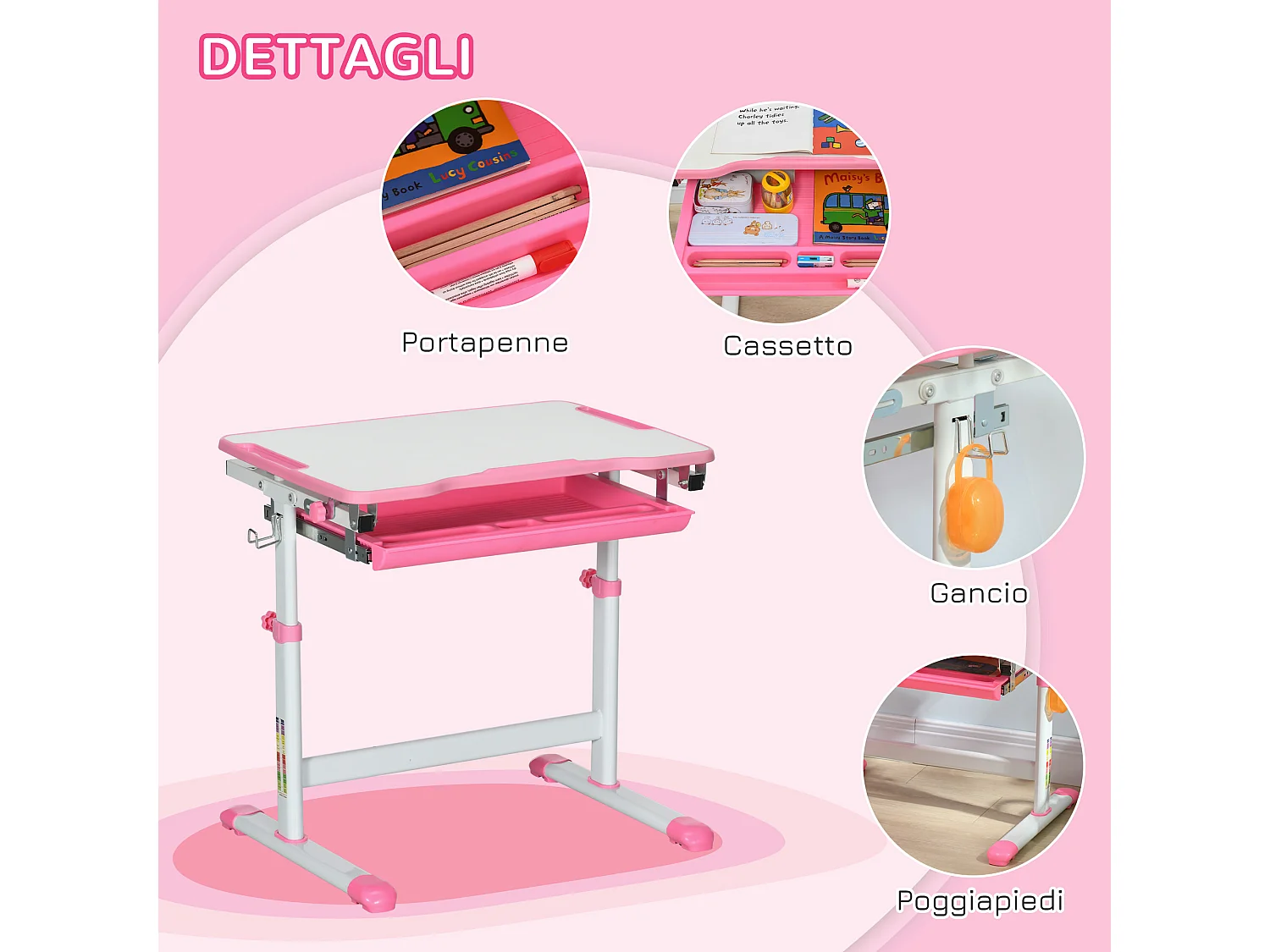 Banco scuola con sedia ad altezza regolabile e piano inclinabile rosa