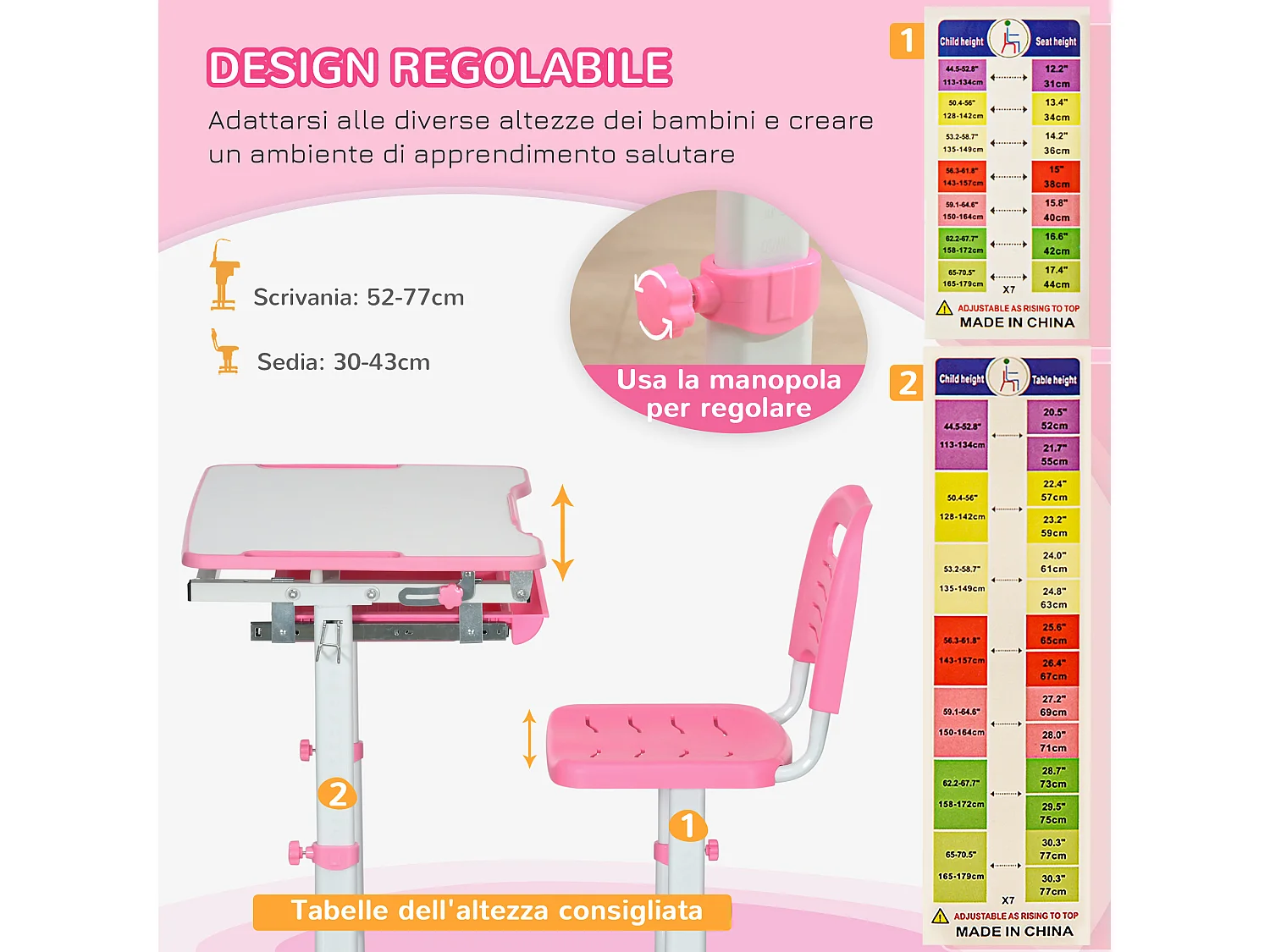 Banco scuola con sedia ad altezza regolabile e piano inclinabile rosa