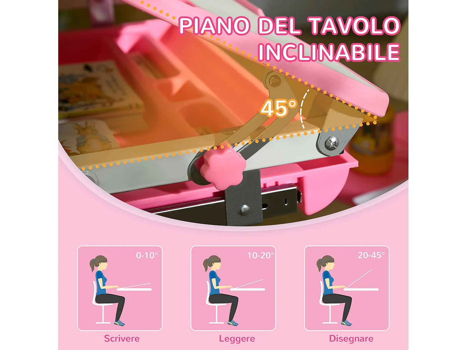 Banco scuola con sedia ad altezza regolabile e piano inclinabile rosa