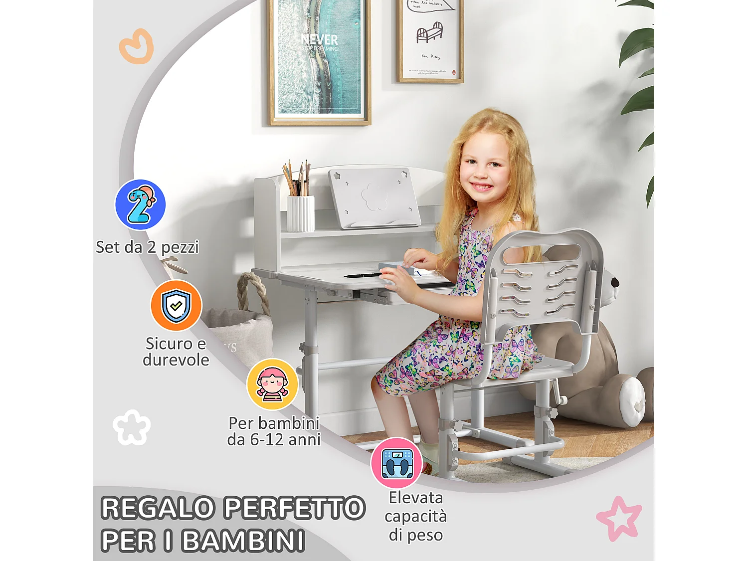 Banco per bambini 6-12 anni con sedia regolabile grigio