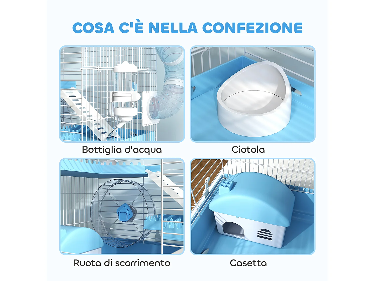 Gabbia per criceti 3 piani con casetta, ruota, ciotola e tubi, azzurro