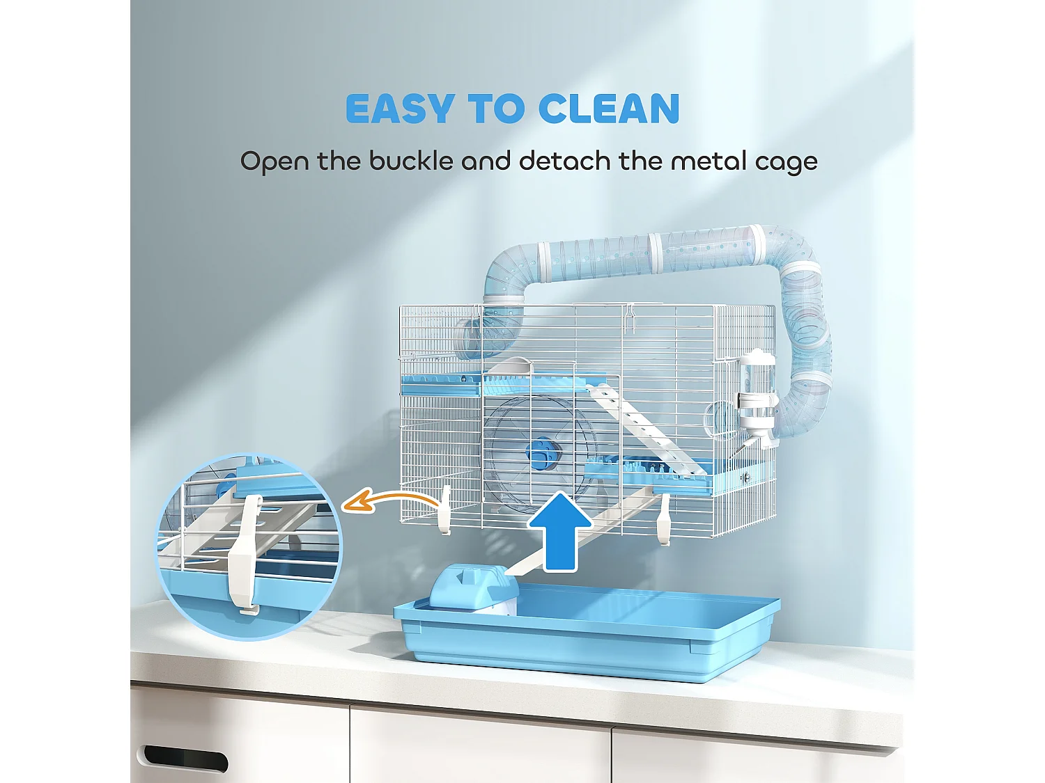 Gabbia per criceti 3 piani con casetta, ruota, ciotola e tubi, azzurro