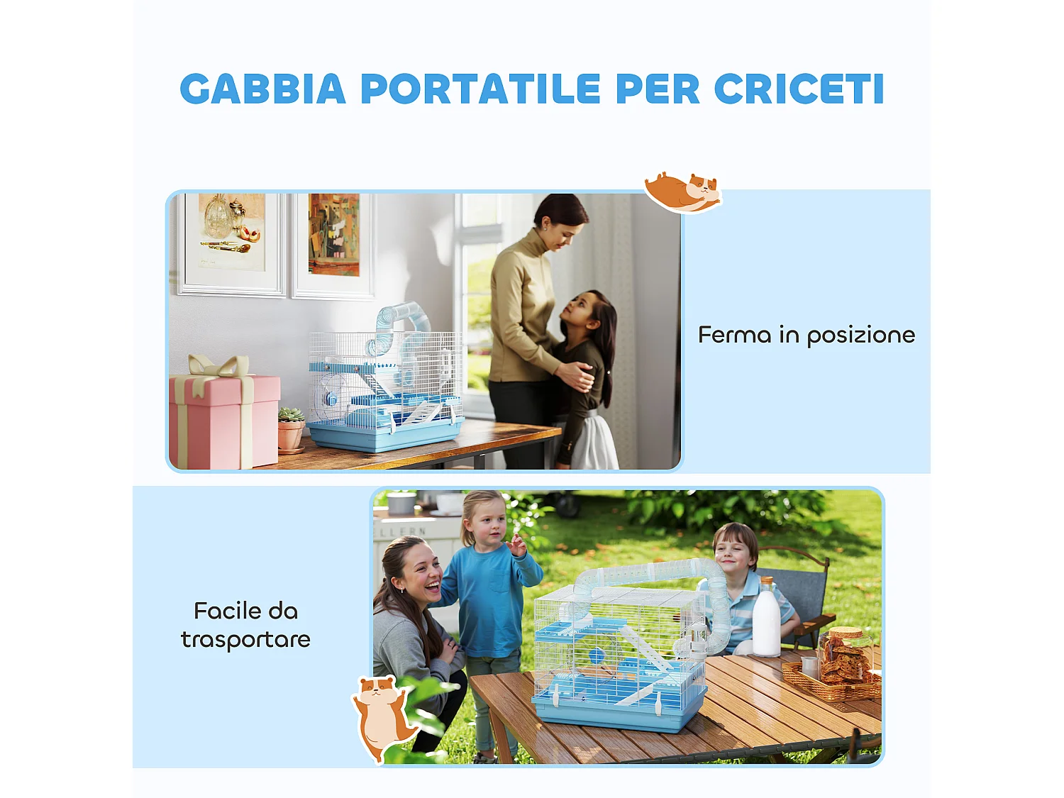 Gabbia per criceti 3 piani con casetta, ruota, ciotola e tubi, azzurro