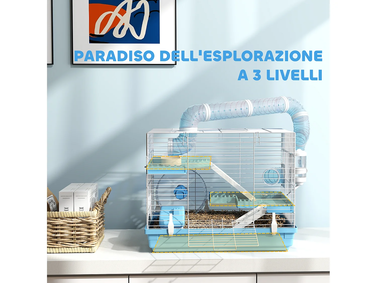 Gabbia per criceti 3 piani con casetta, ruota, ciotola e tubi, azzurro