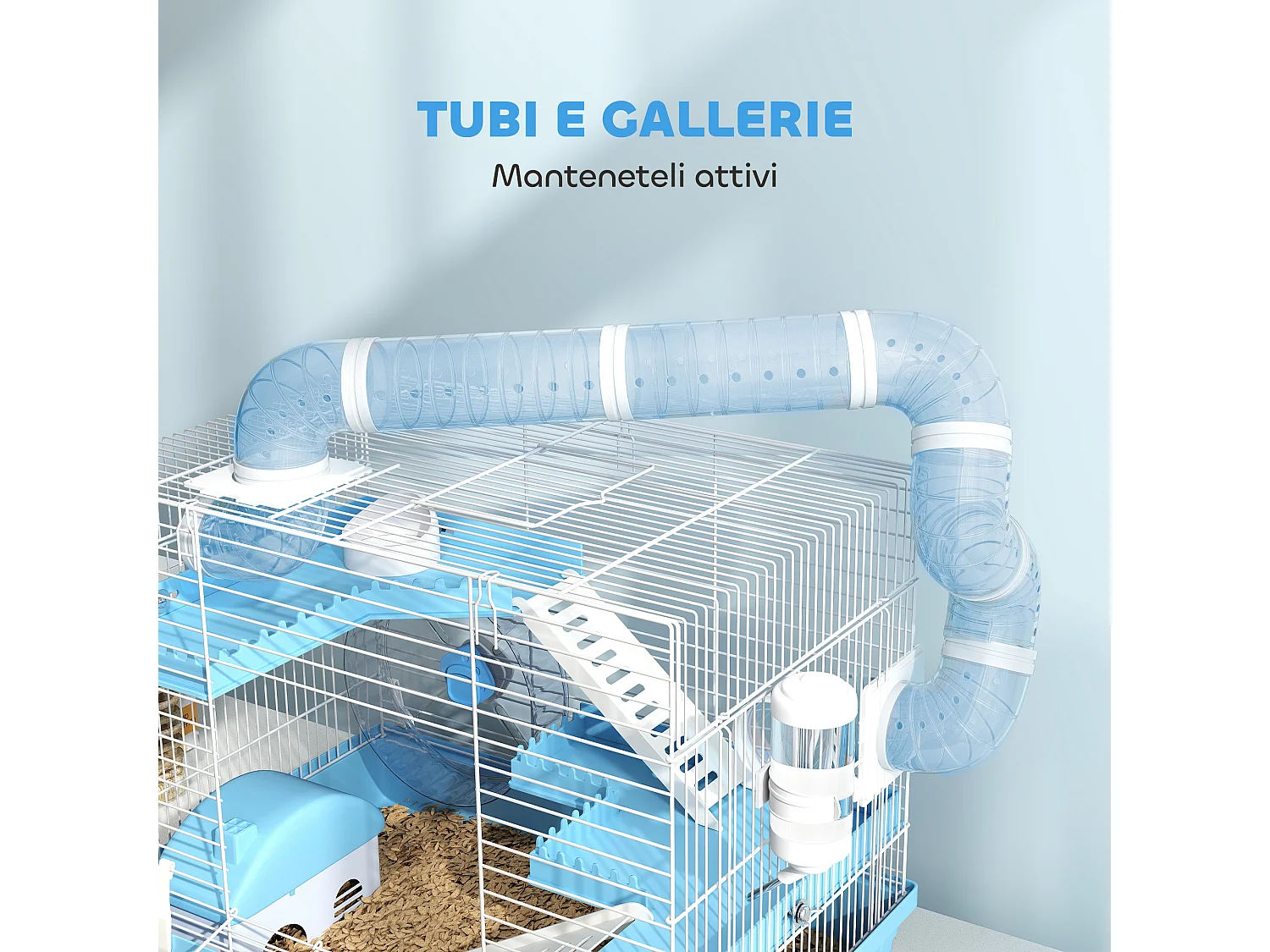 Gabbia per criceti 3 piani con casetta, ruota, ciotola e tubi, azzurro