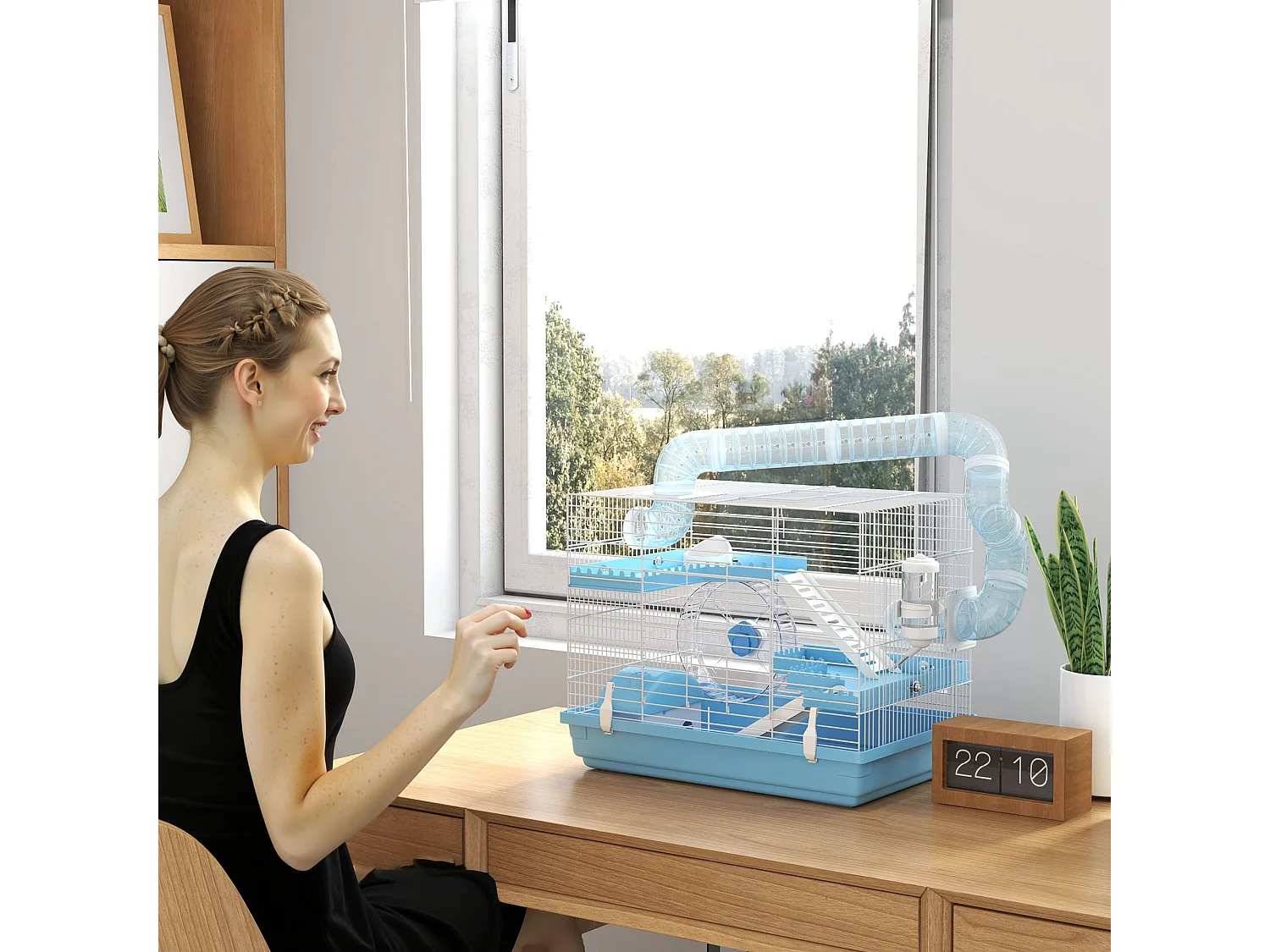 Gabbia per criceti 3 piani con casetta, ruota, ciotola e tubi, azzurro