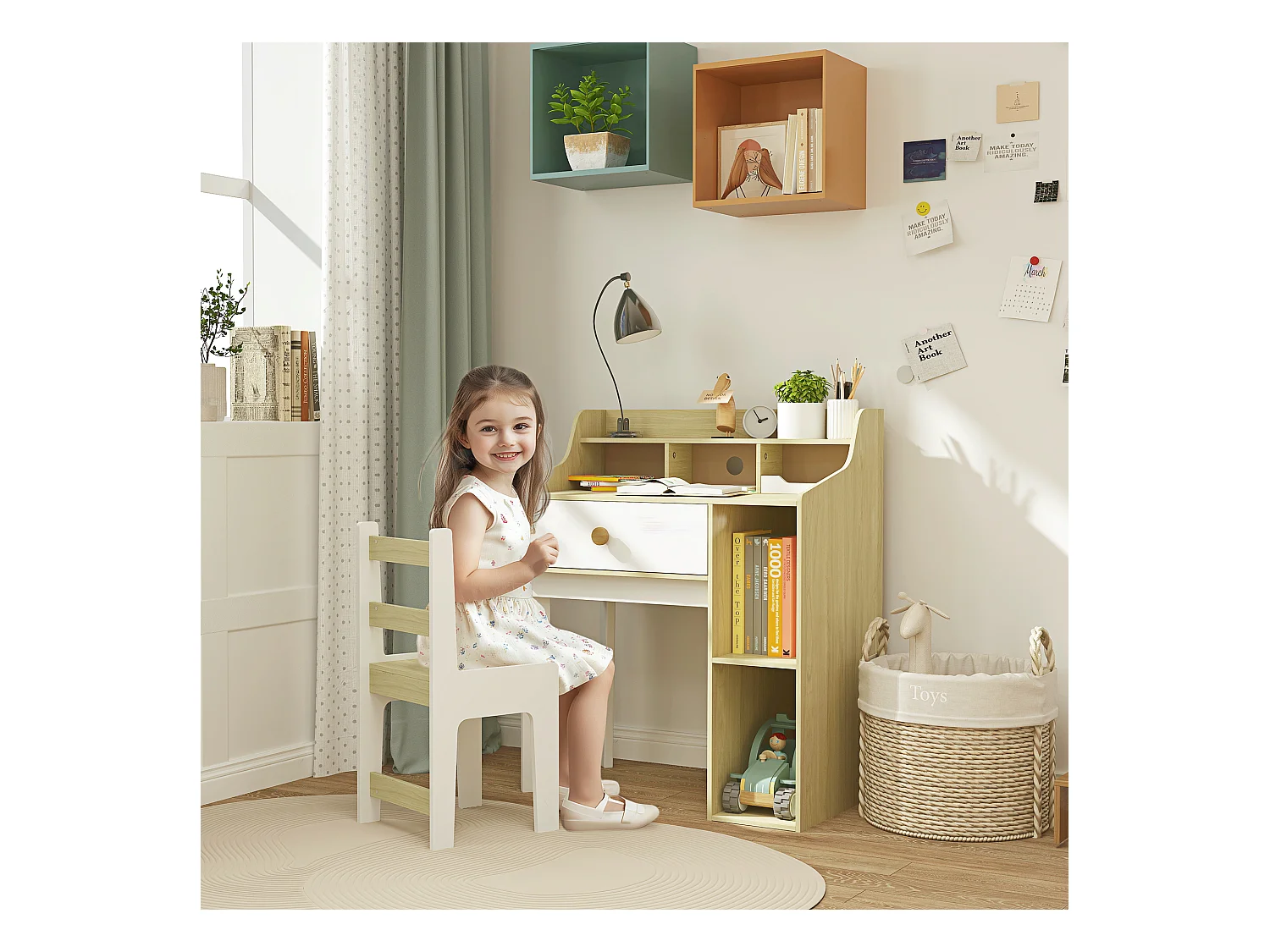 Set sedia e scrivania per bambini con scaffale e cassetto in legno
