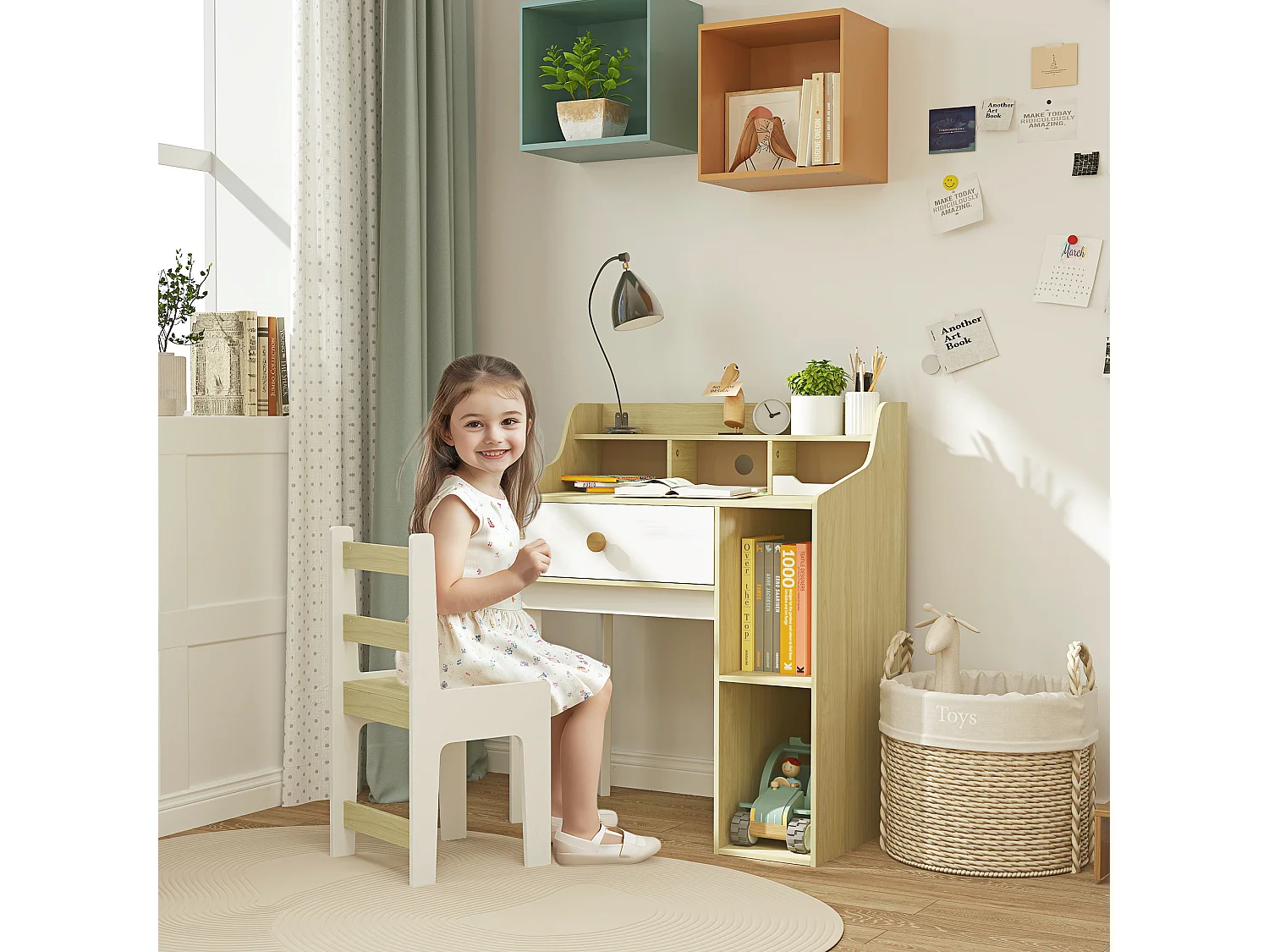 Set sedia e scrivania per bambini con scaffale e cassetto in legno