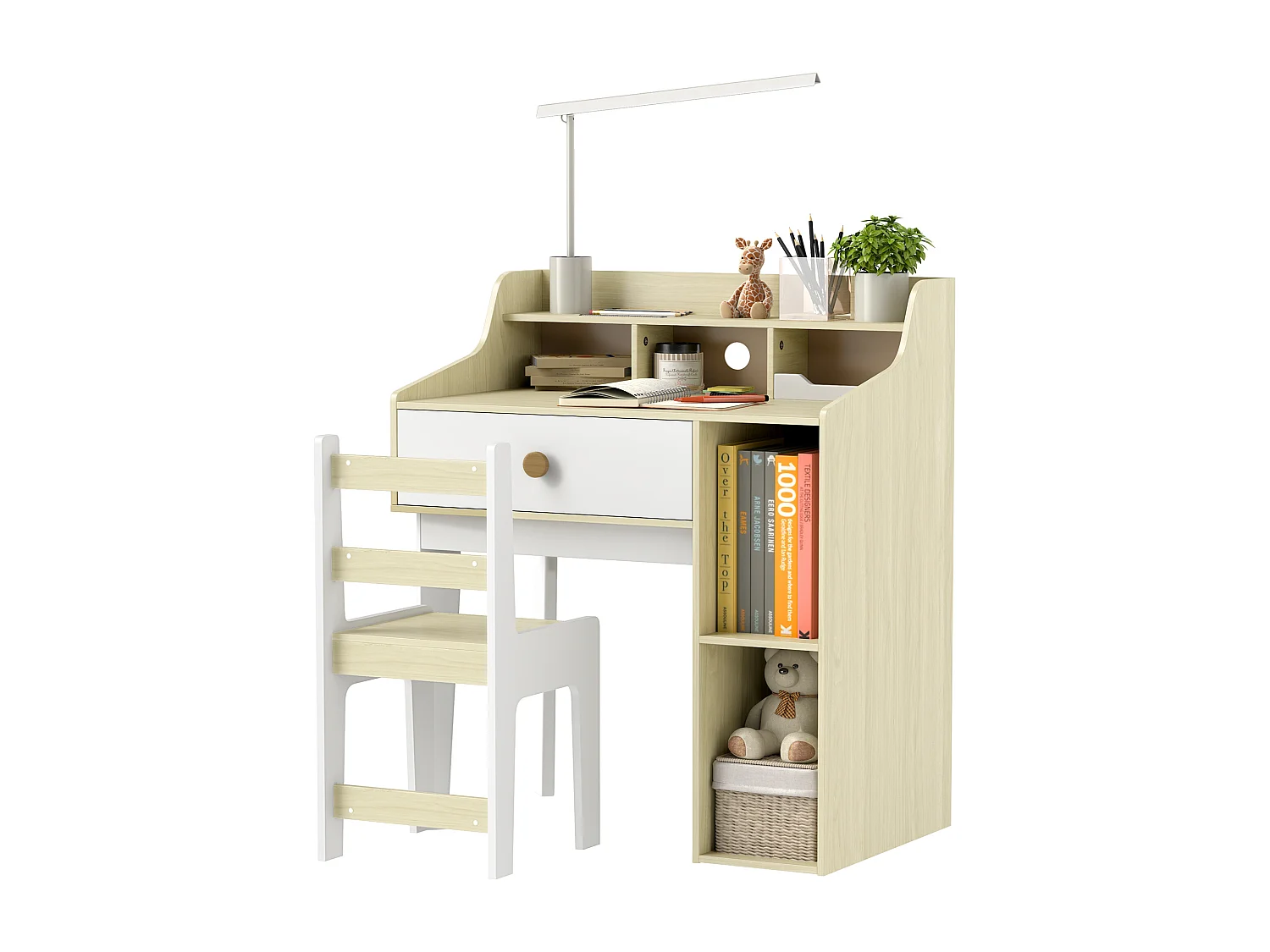 Set sedia e scrivania per bambini con scaffale e cassetto in legno