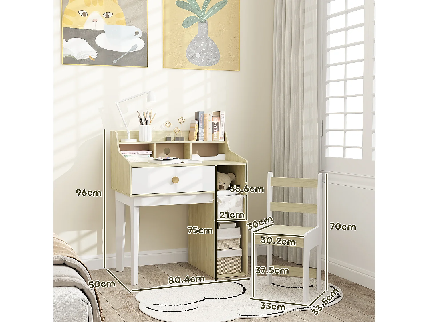 Set sedia e scrivania per bambini con scaffale e cassetto in legno