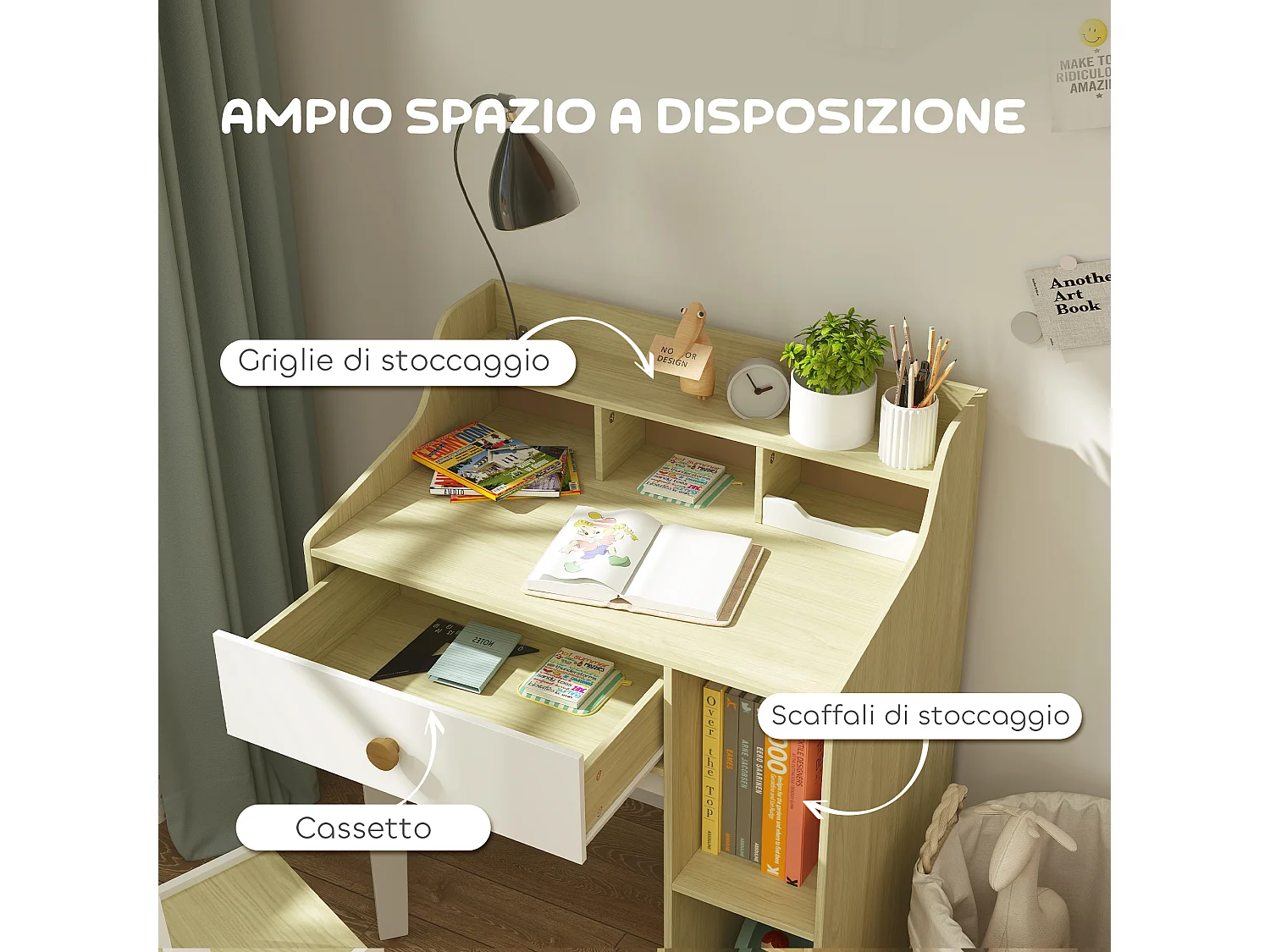 Set sedia e scrivania per bambini con scaffale e cassetto in legno