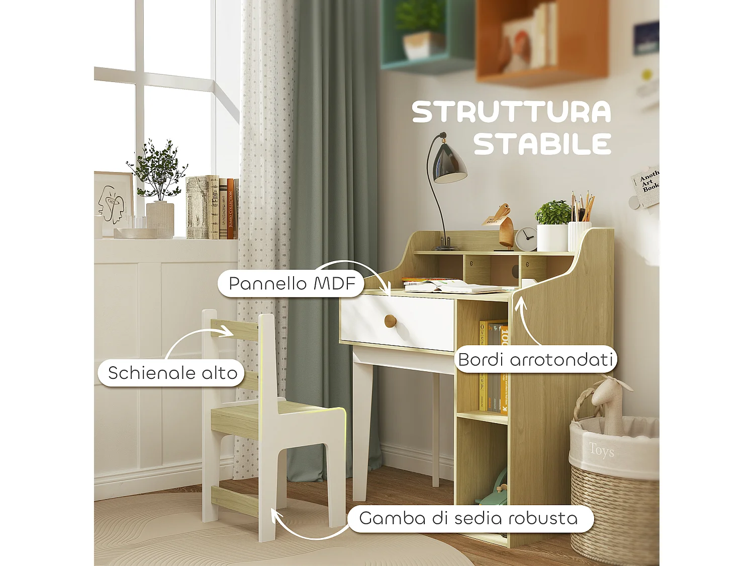 Set sedia e scrivania per bambini con scaffale e cassetto in legno