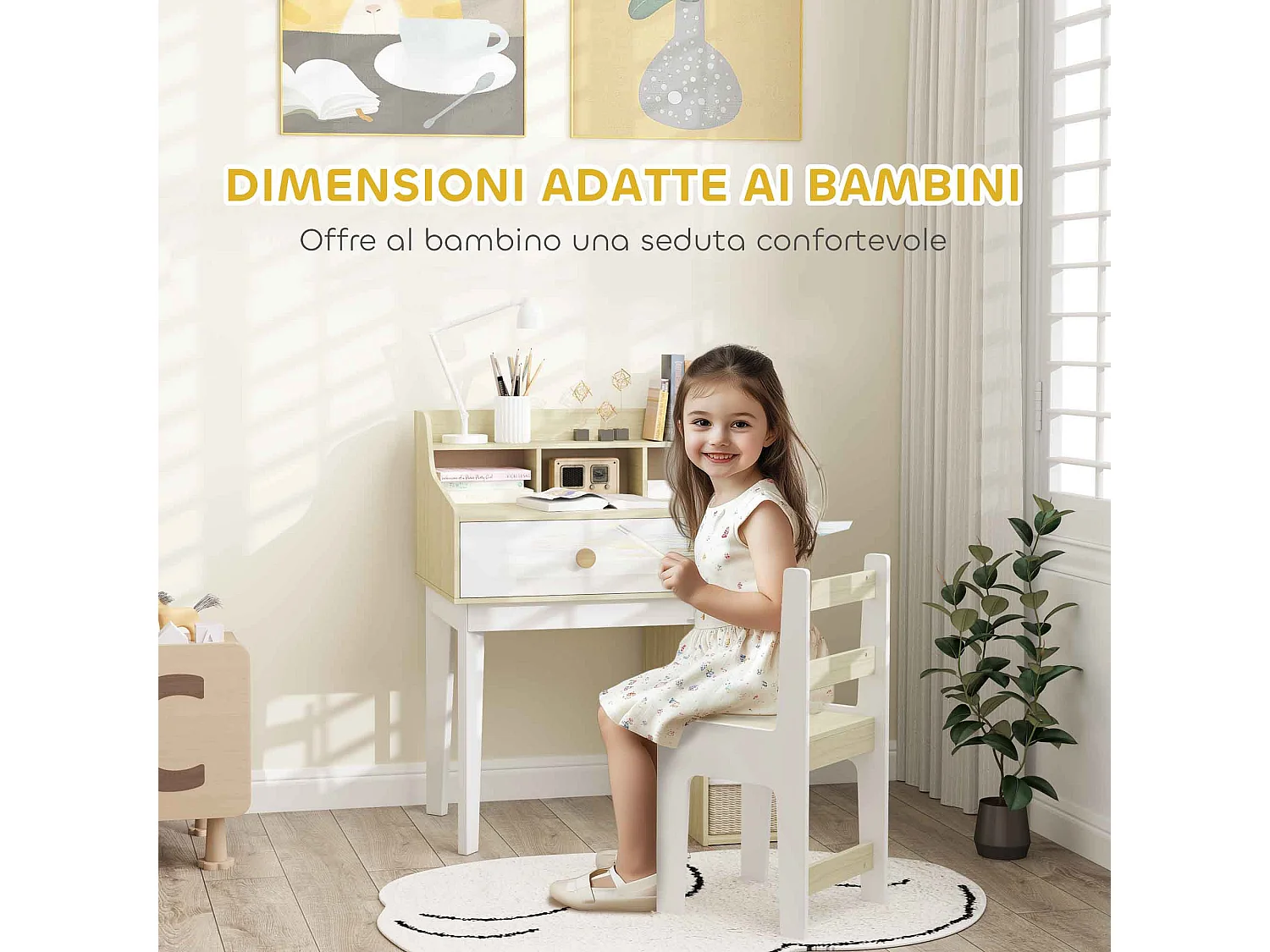 Set sedia e scrivania per bambini con scaffale e cassetto in legno