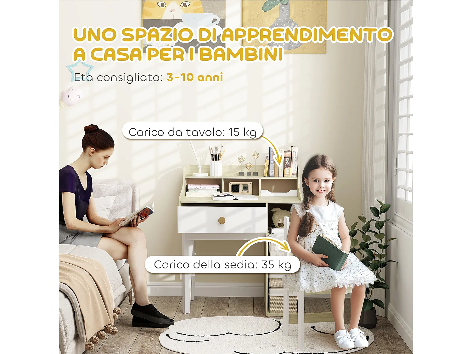 Set sedia e scrivania per bambini con scaffale e cassetto in legno