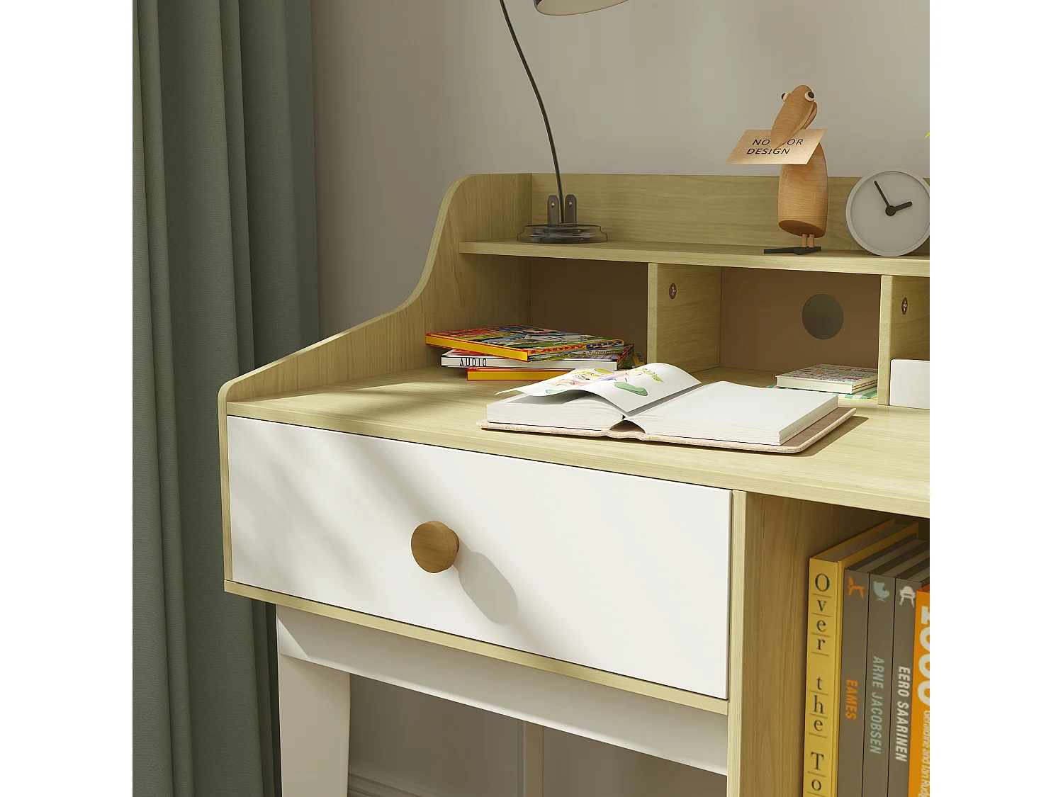 Set sedia e scrivania per bambini con scaffale e cassetto in legno