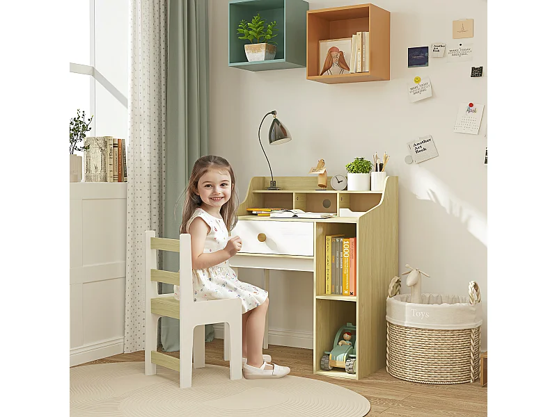 Set sedia e scrivania per bambini con scaffale e cassetto in legno