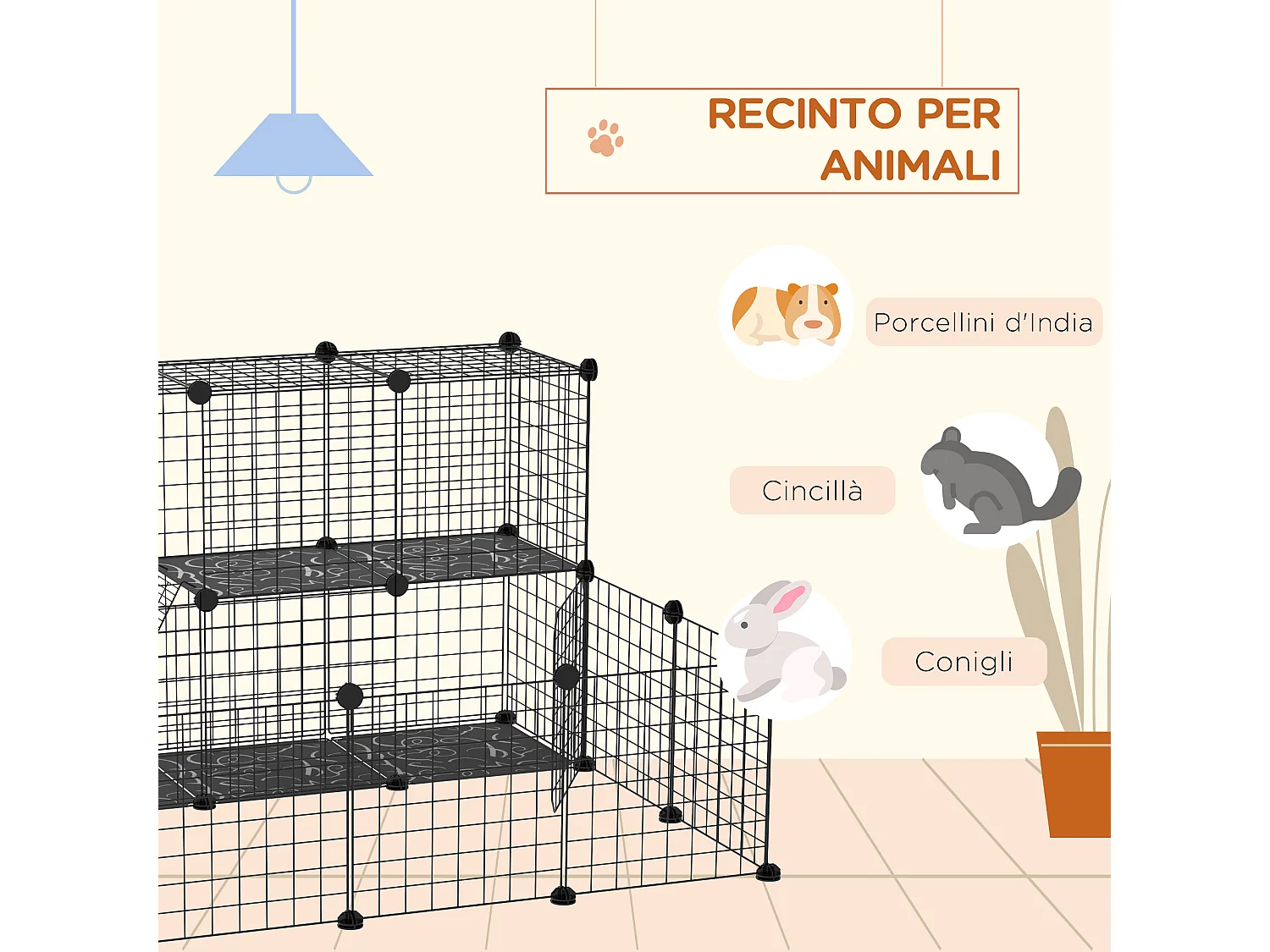 Recinto per conigli modulabile con accessori montaggio 105x105x70cm nero