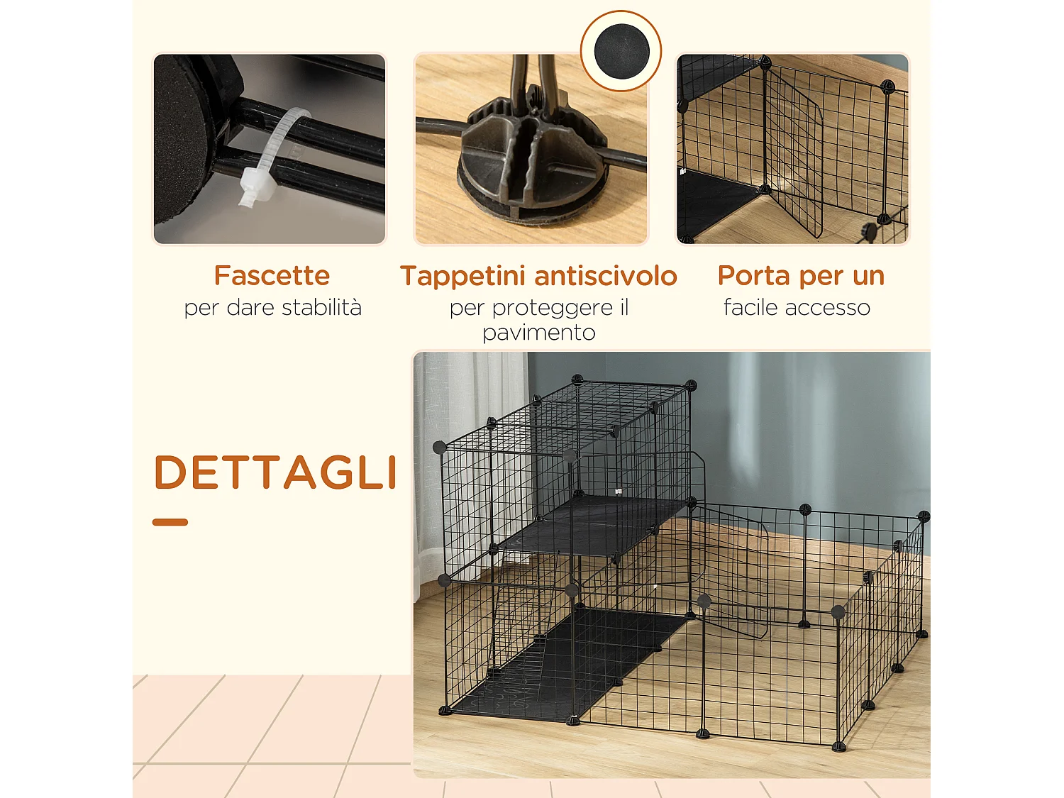 Recinto per conigli modulabile con accessori montaggio 105x105x70cm nero