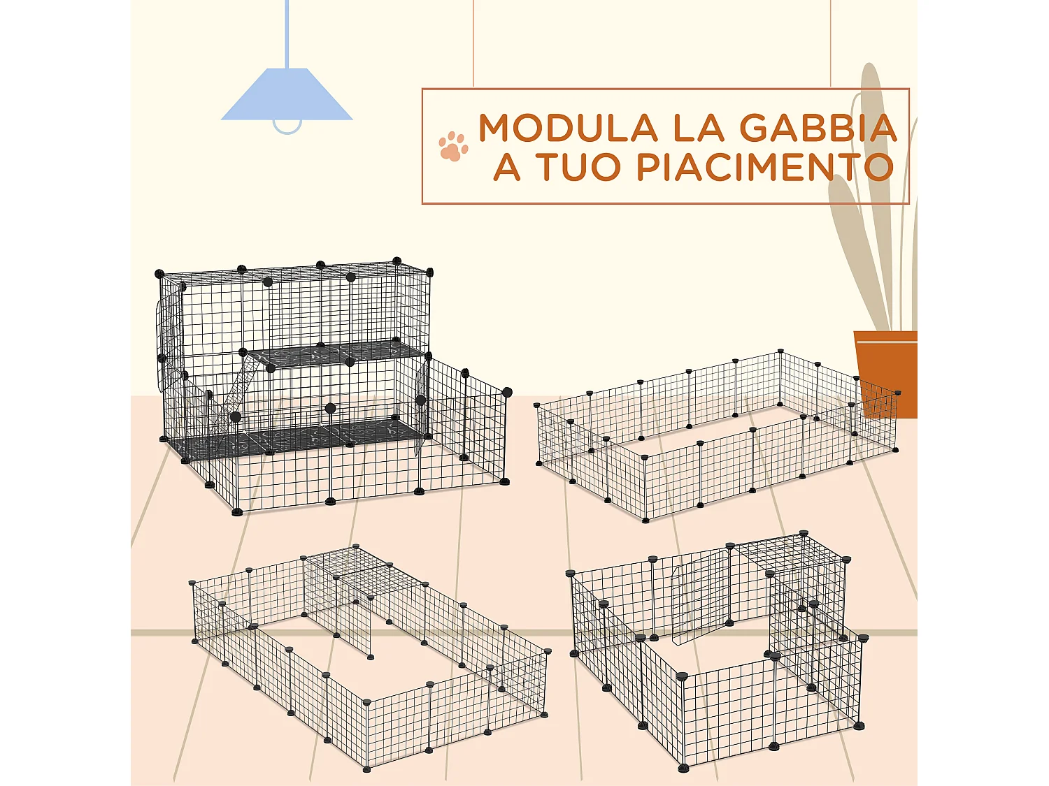 Recinto per conigli modulabile con accessori montaggio 105x105x70cm nero