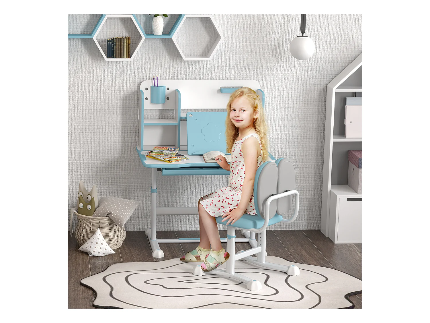 Set scrivania e sedia per bambini regolabili con scaffale blu