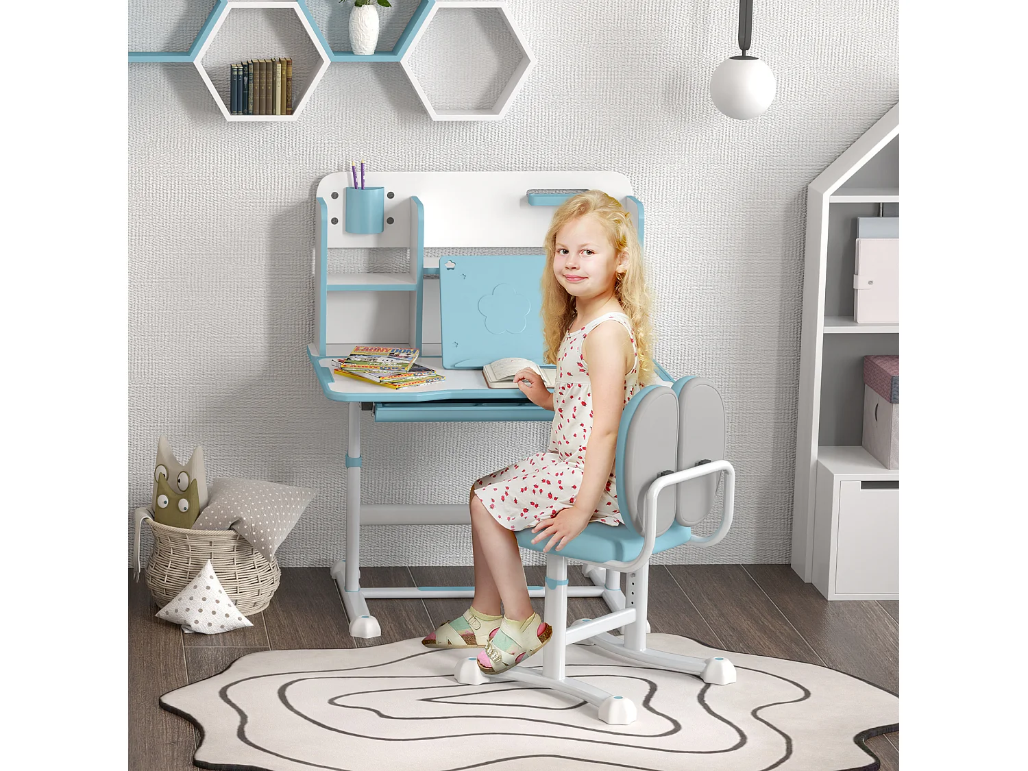 Set scrivania e sedia per bambini regolabili con scaffale blu