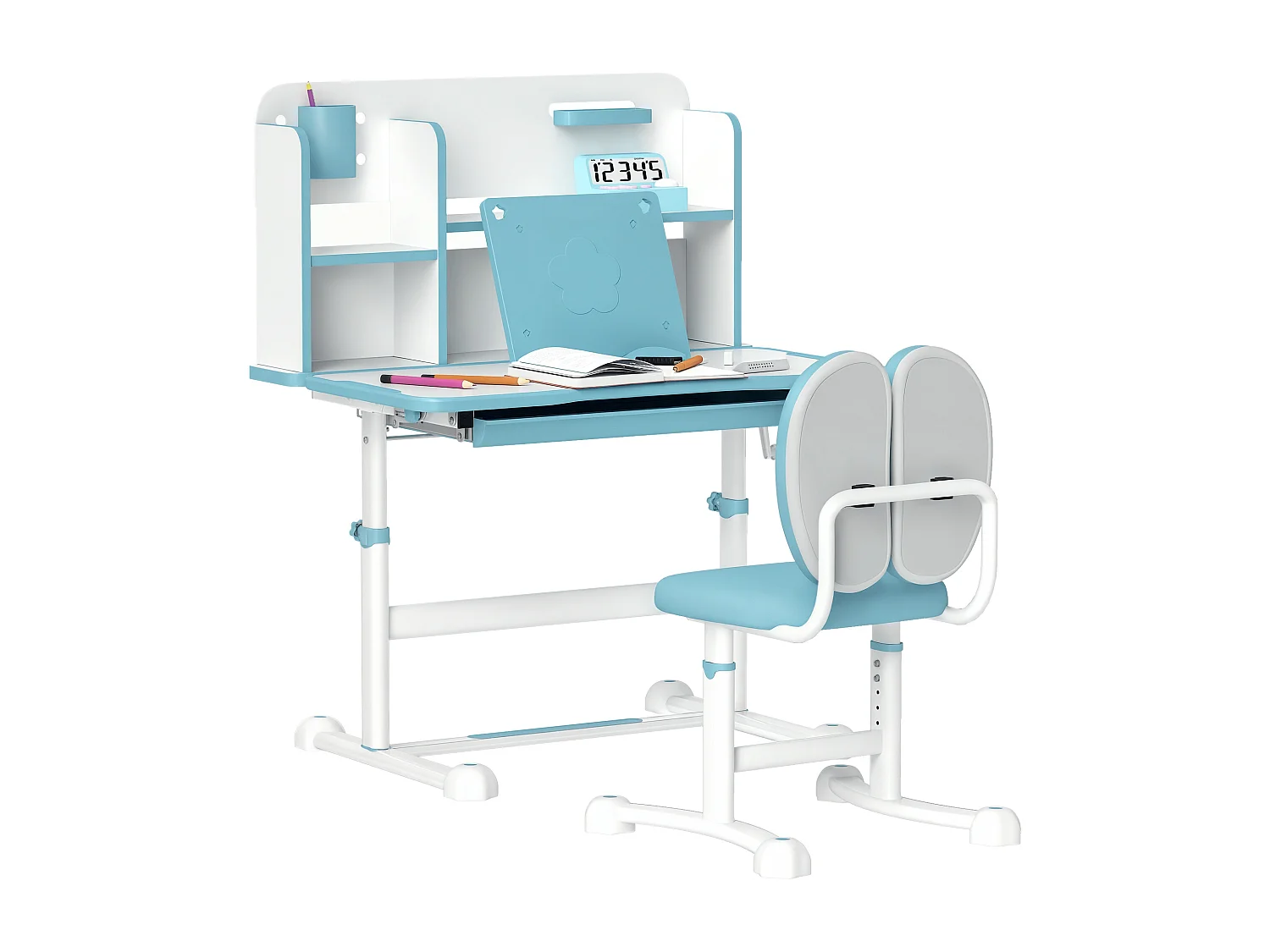 Set scrivania e sedia per bambini regolabili con scaffale blu