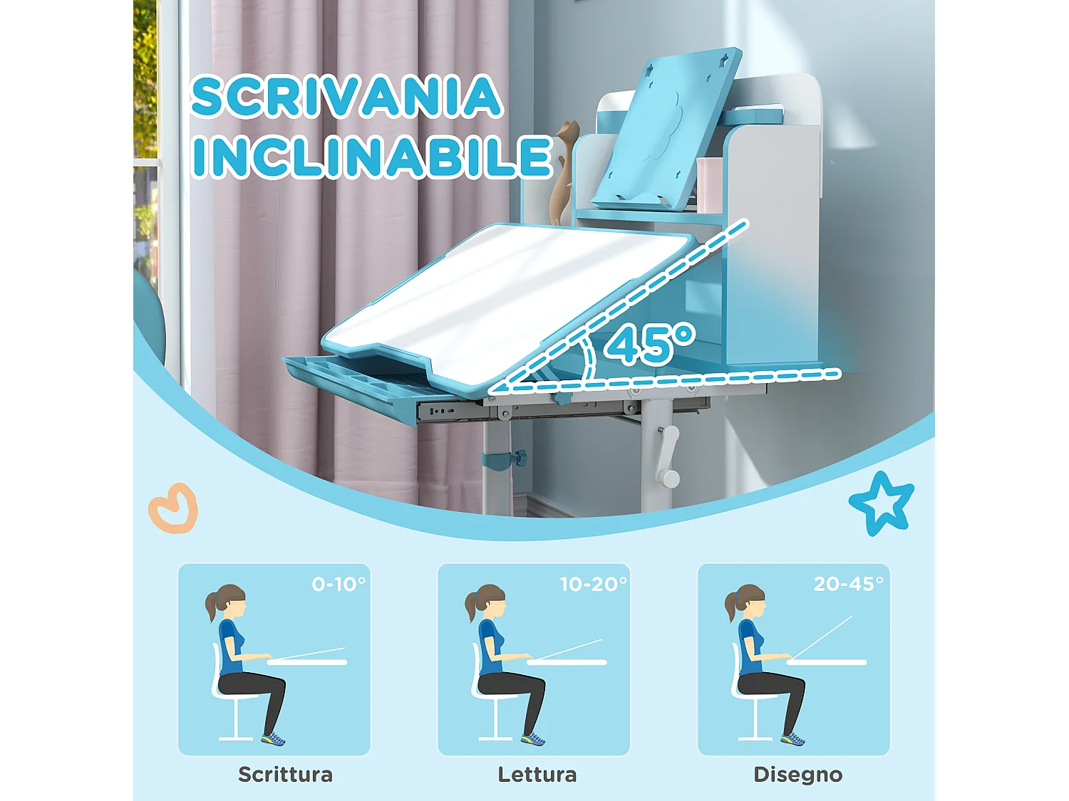 Set scrivania e sedia per bambini regolabili con scaffale blu