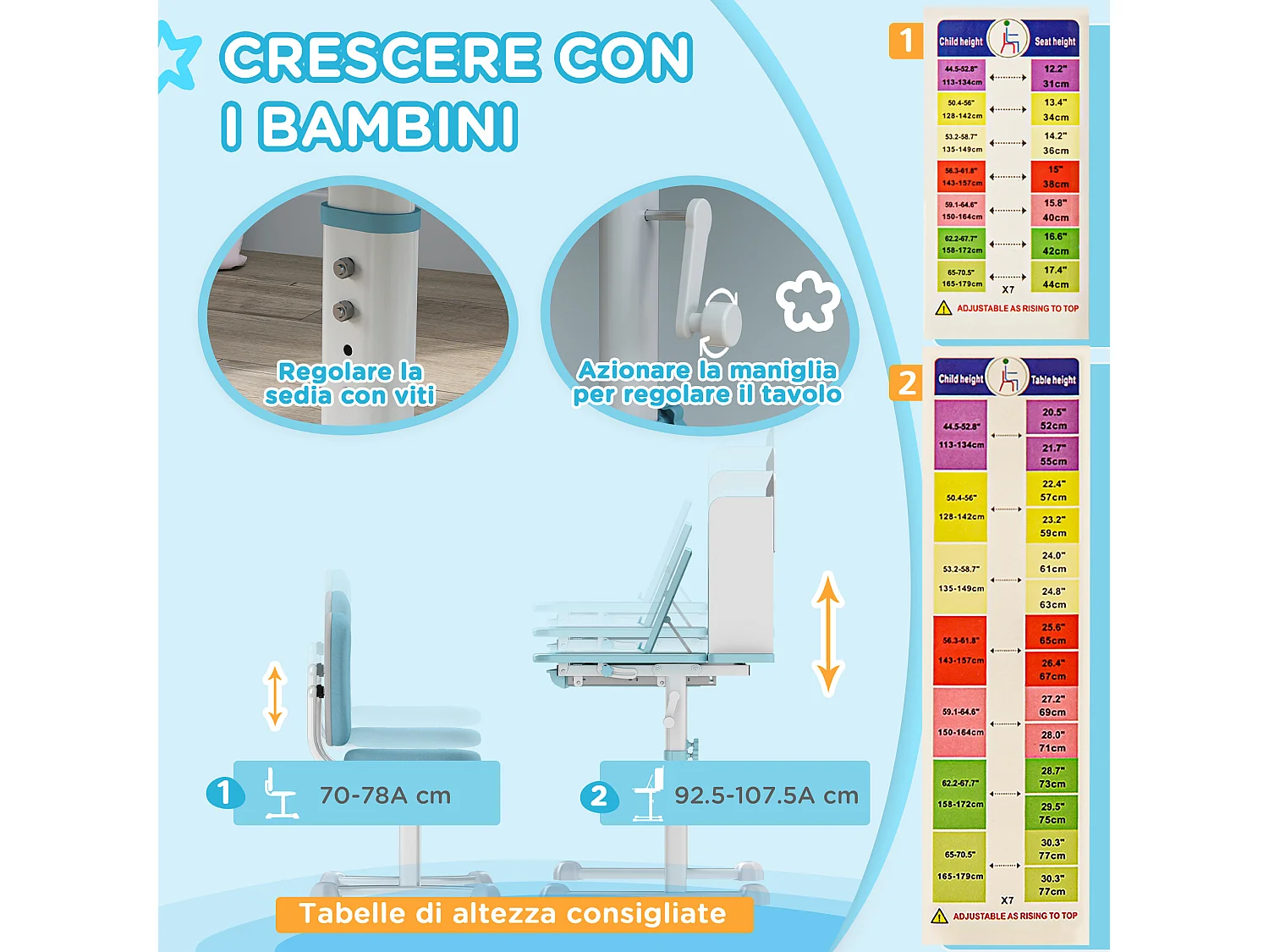 Set scrivania e sedia per bambini regolabili con scaffale blu