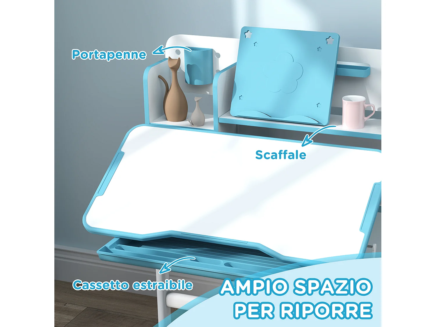 Set scrivania e sedia per bambini regolabili con scaffale blu