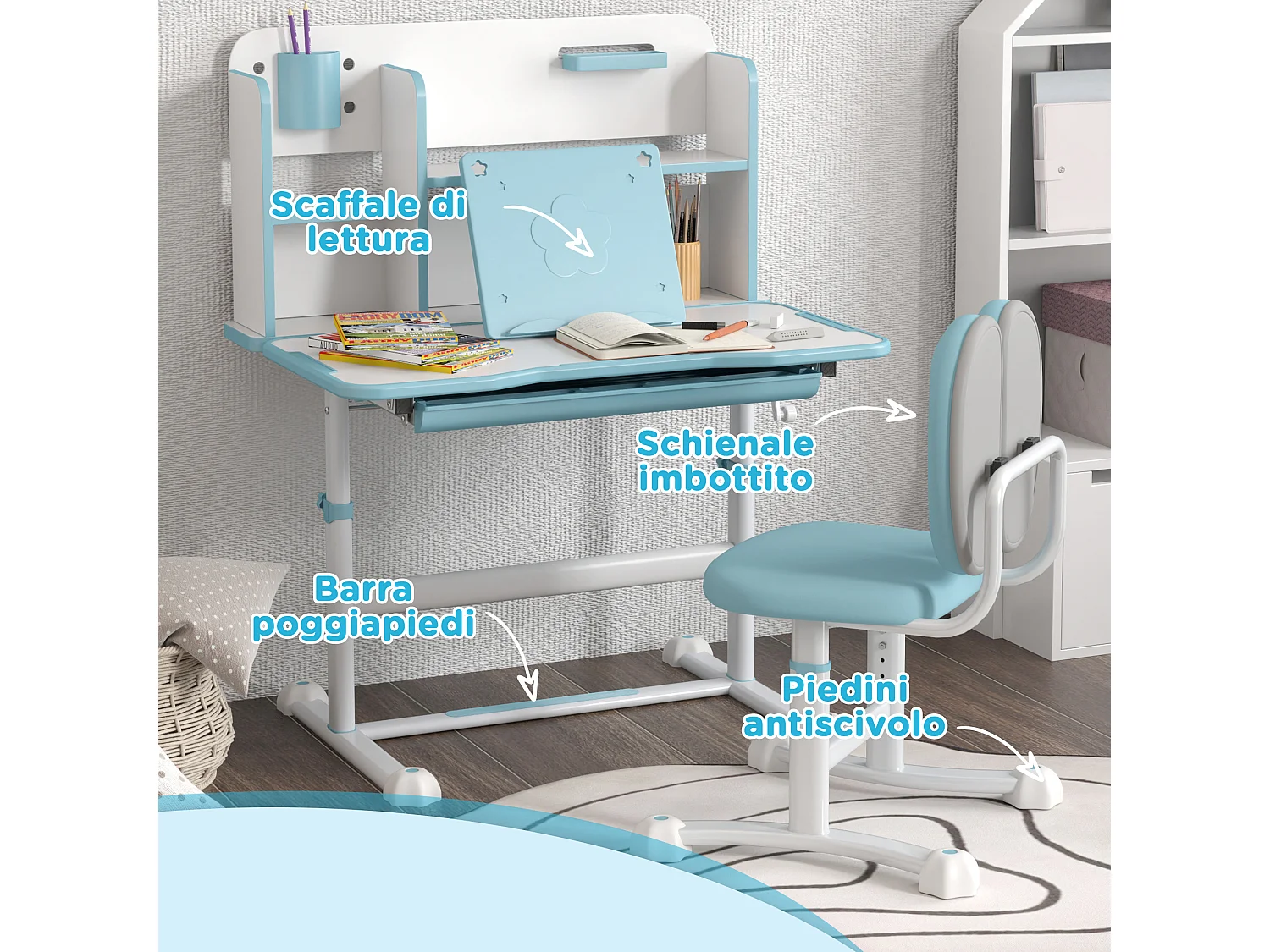 Set scrivania e sedia per bambini regolabili con scaffale blu