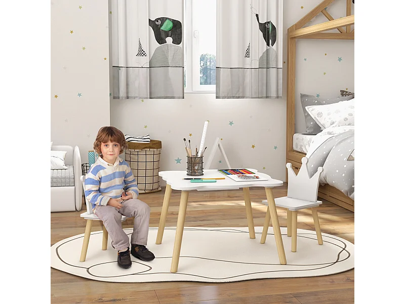 Set tavolo e 2 sedie per bambini con schienale a corona età 3-6 anni