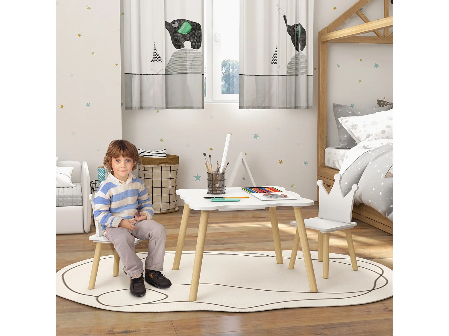 Set tavolo e 2 sedie per bambini con schienale a corona età 3-6 anni