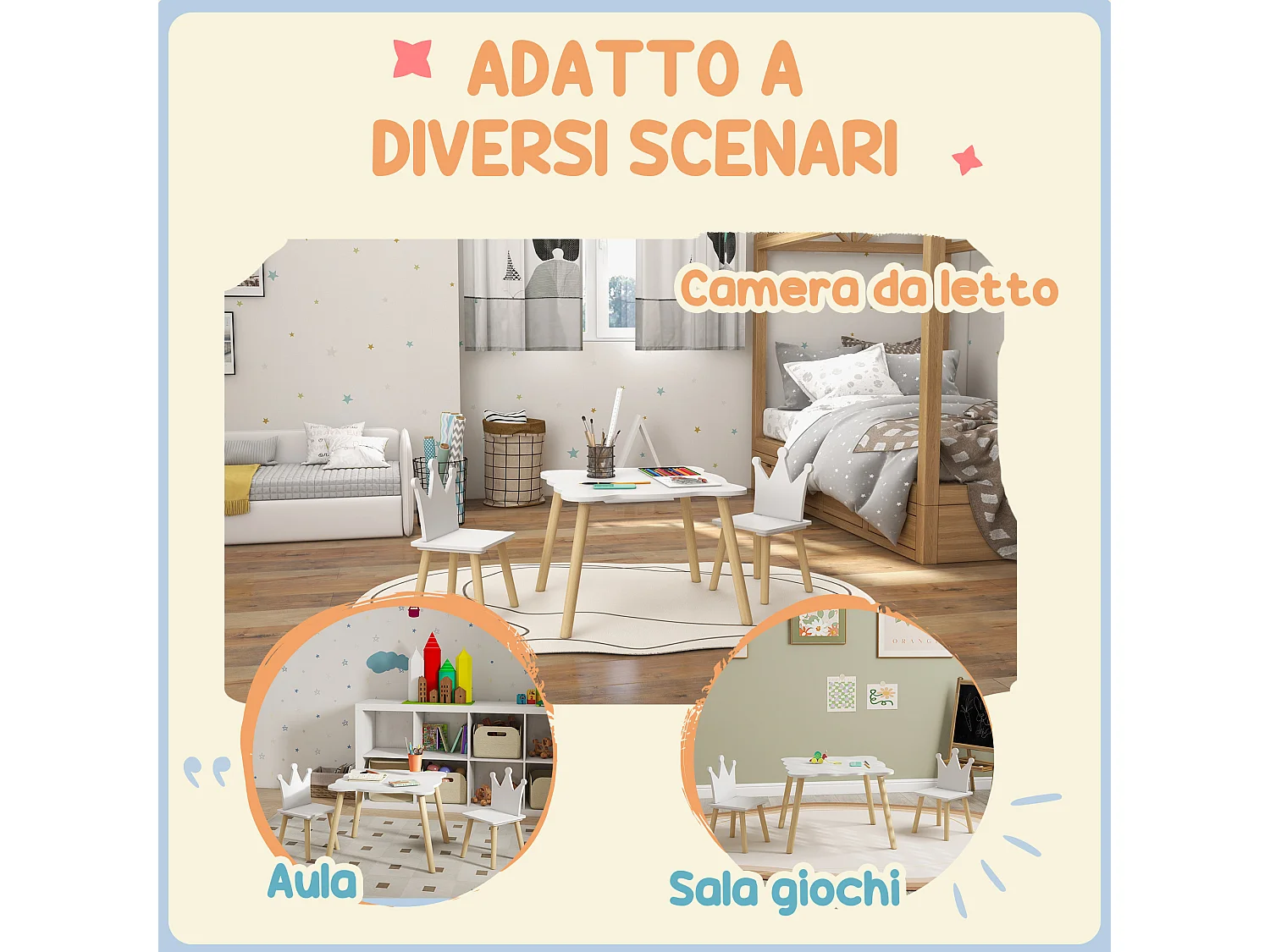 Set tavolo e 2 sedie per bambini con schienale a corona età 3-6 anni