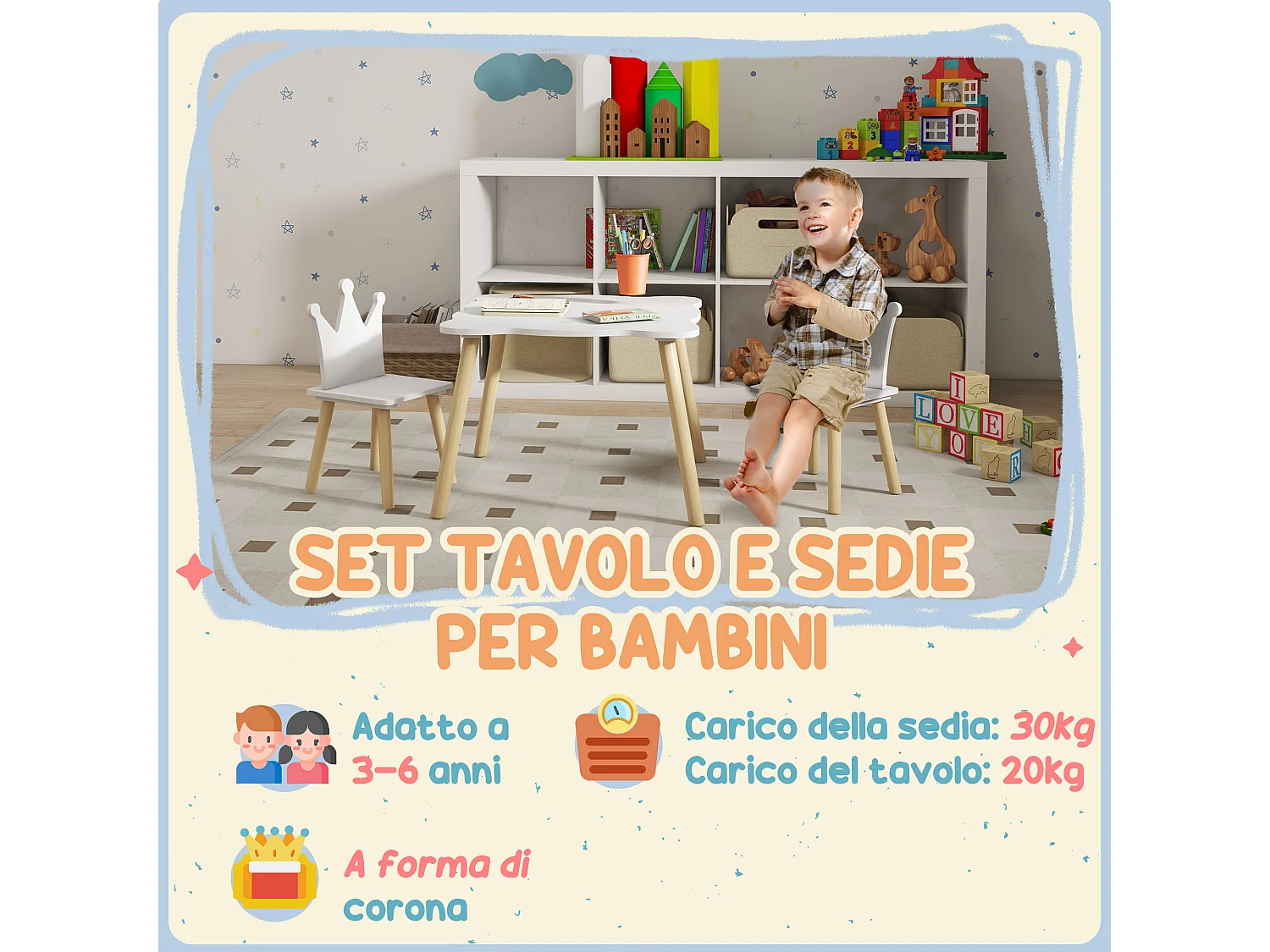 Set tavolo e 2 sedie per bambini con schienale a corona età 3-6 anni